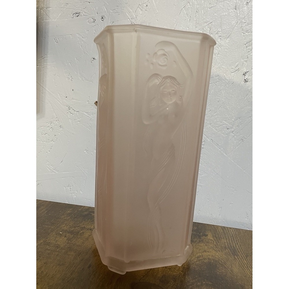 Sarsaparilla Art Deco Frosted Pink Satin Octagon Glass Vase Nude Woman Figure 9"